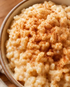 Creamy low calorie rice pudding topped with a sprinkle of cinnamon.