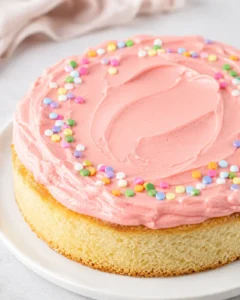 A small vanilla cake topped with pink frosting and colorful sprinkles