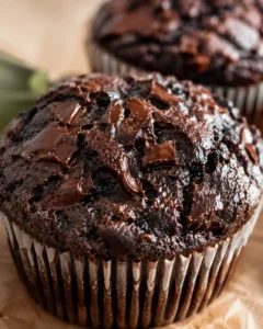 Close-up of delicious, fudgy chocolate zucchini muffins with melted chocolate on top.