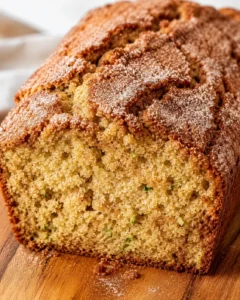 Close-up of freshly baked snickerdoodle zucchini bread loaf with cinnamon sugar topping.