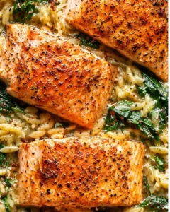 Close-up of seared salmon served with creamy lemon orzo and fresh spinach
