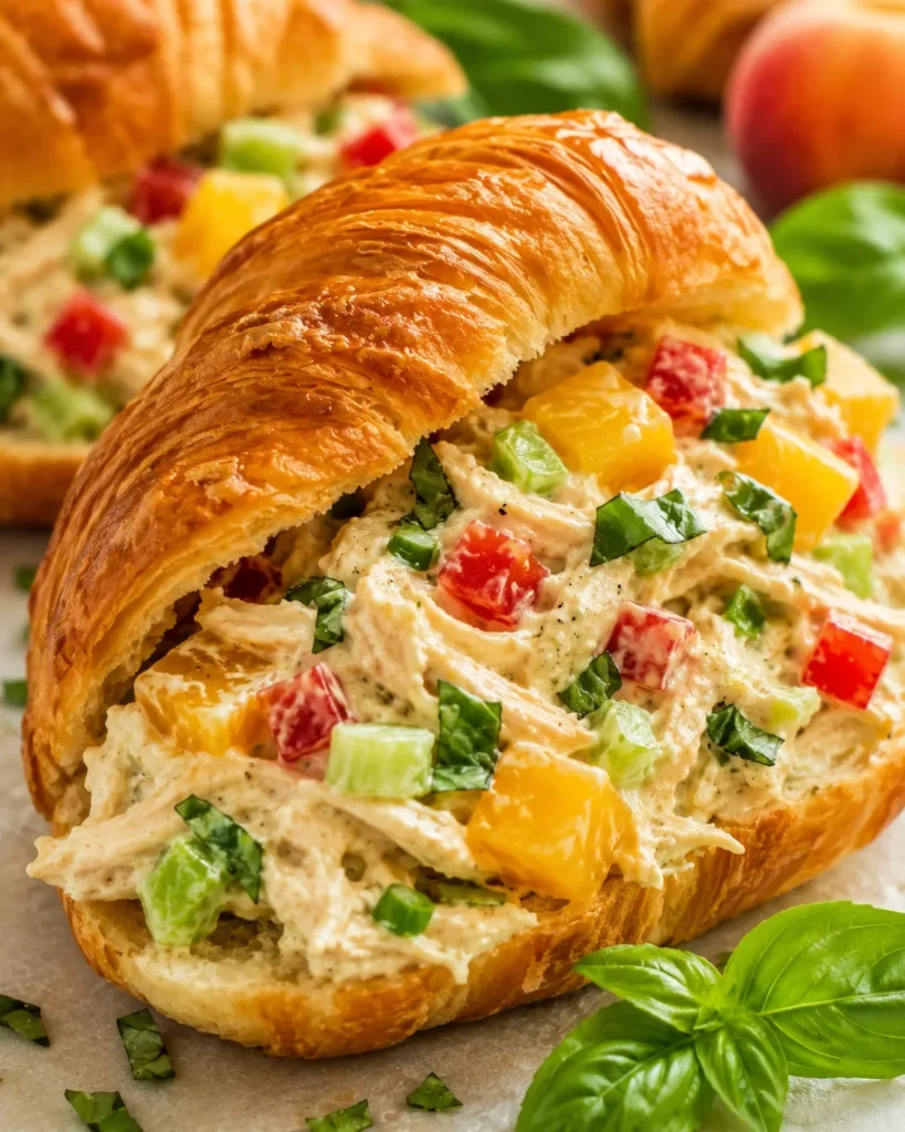 Croissant filled with peach chicken salad garnished with fresh herbs and colorful vegetables