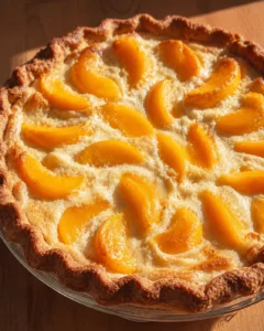 Delicious homemade peaches and cream pie with a flaky crust and fresh fruit