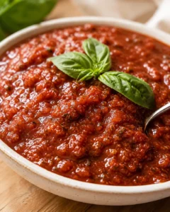 Close-up of a rich, spicy red wine pasta sauce garnished with fresh basil leaves.