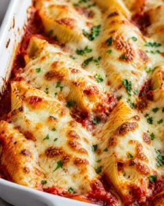 Creamy baked salmon stuffed shells topped with cheese and herbs in a baking dish