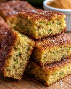 Close-up of freshly baked snickerdoodle zucchini bars with a crackled cinnamon sugar top