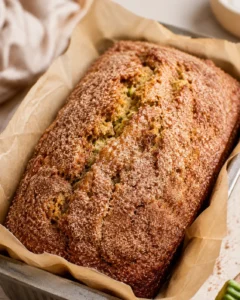 Freshly baked snickerdoodle zucchini bread with cinnamon sugar crust in a baking pan