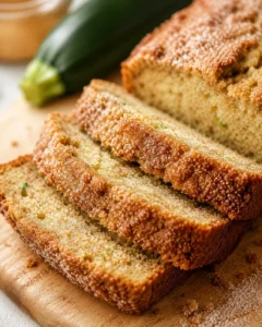 Freshly baked snickerdoodle zucchini bread with a cinnamon-sugar topping on a wooden board.