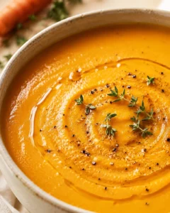 A vibrant bowl of creamy carrot and apple soup garnished with herbs and spices.