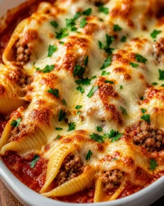 Baked stuffed pasta shells filled with ground beef and melted cheese in a tomato sauce.