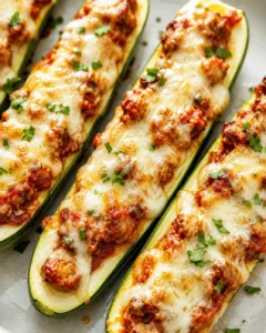 Delicious baked zucchini boats filled with sausage, marinara, and melted cheese.
