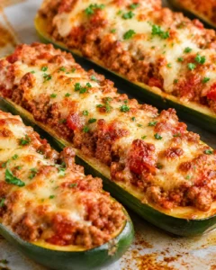 Baked zucchini boats filled with savory ground beef and melted cheese, garnished with parsley.