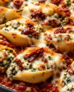 Close-up of cheesy baked pasta shells filled with ricotta and sun-dried tomatoes