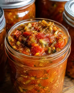 Close-up of freshly canned sweet smoky zucchini salsa in glass jars.