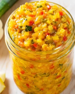 Colorful jar of homemade sweet and spicy zucchini relish with peppers and spices