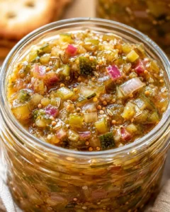 Close-up of colorful zucchini relish in a glass jar for canning.