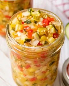 Colorful jar of homemade sweet zucchini relish with diced vegetables inside.