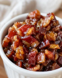 Close-up of glossy, caramelized bacon jam in a small white bowl.