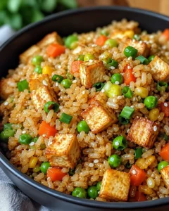 Colorful vegan tofu fried rice with crispy tofu and mixed vegetables in a pan