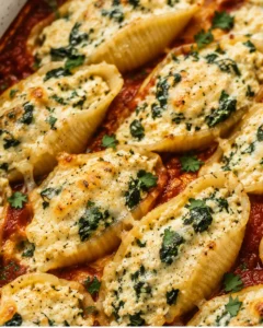 Close-up of vegan stuffed pasta shells topped with melted cheese and herbs.