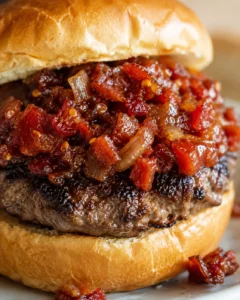 Close-up of a burger with tomato bacon jam topping and toasted bun