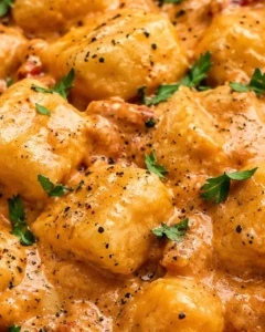 Close-up of crispy tofu cubes immersed in rich sun-dried tomato sauce with herbs