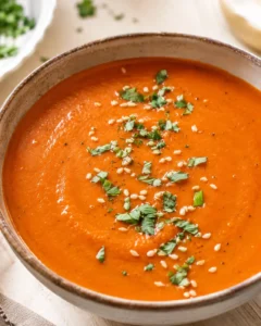 A bowl of vibrant orange vegan carrot and red pepper soup garnished with herbs and sesame seeds
