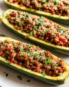 Close-up image of vibrant vegan stuffed zucchini boats topped with herbs and vegan parmesan.