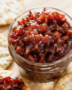 Close-up of flavorful whiskey bacon jam in a glass jar with crackers nearby.