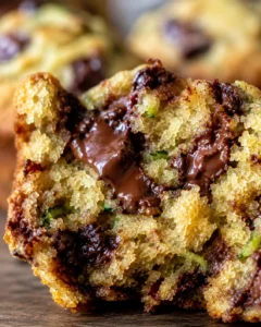 Close-up of a moist zucchini chocolate chip muffin with melted chocolate inside