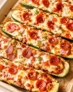 Delicious zucchini pizza boats topped with pepperoni and melted cheese.