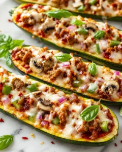 Delicious zucchini boats topped with cheese and various pizza toppings.
