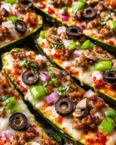 Baked zucchini slices topped with cheese, sausage, black olives, and vegetables.