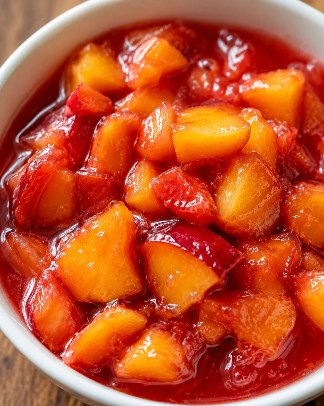 Delicious Nectarine Compote Close-up of vibrant, chunky nectarine compote in a white bowl.