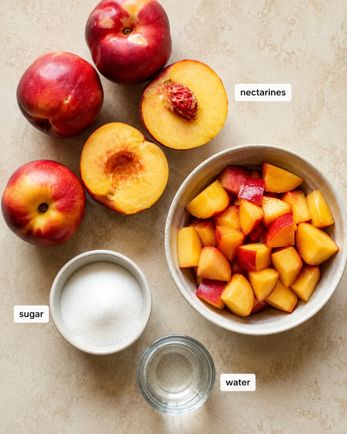 Fresh Nectarine Compote Bowl of chopped nectarines and whole nectarines with sugar and water nearby.