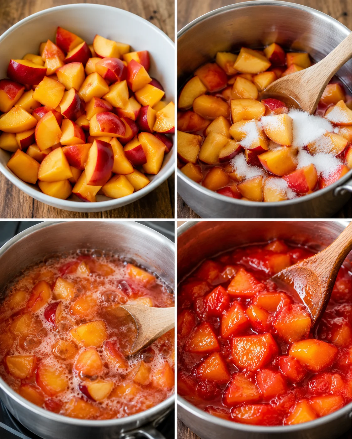 Delicious Nectarine Compote Step-by-step process of making fresh nectarine compote in a pot.