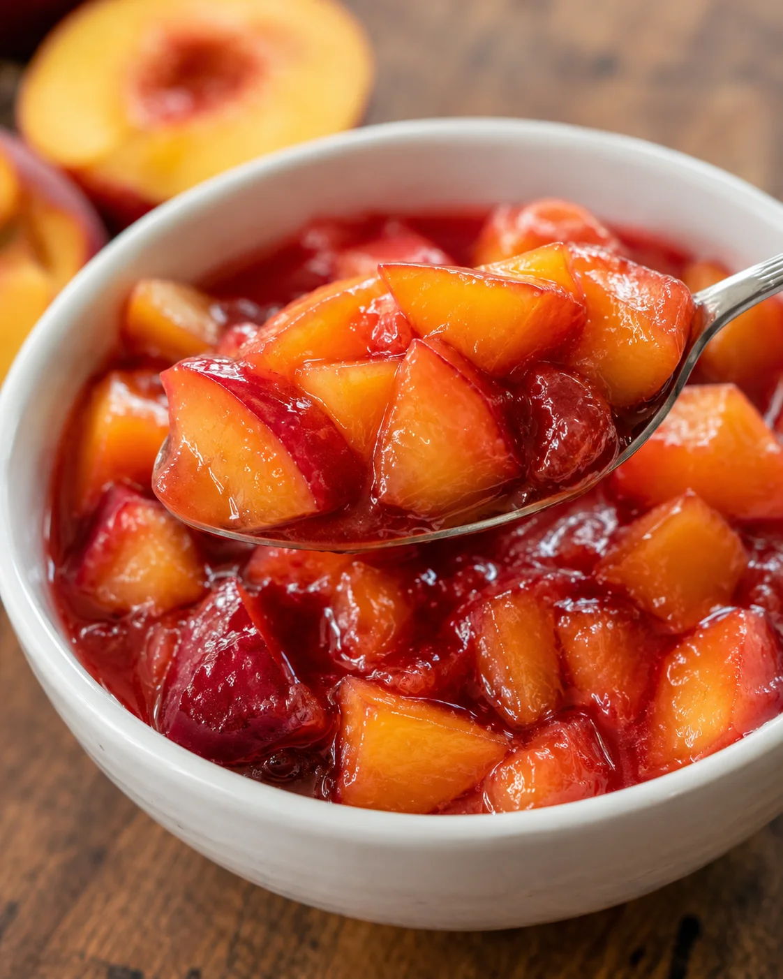 Fresh Nectarine Compote Close-up of a bowl of vibrant nectarine compote with chunks of fruit and syrup.