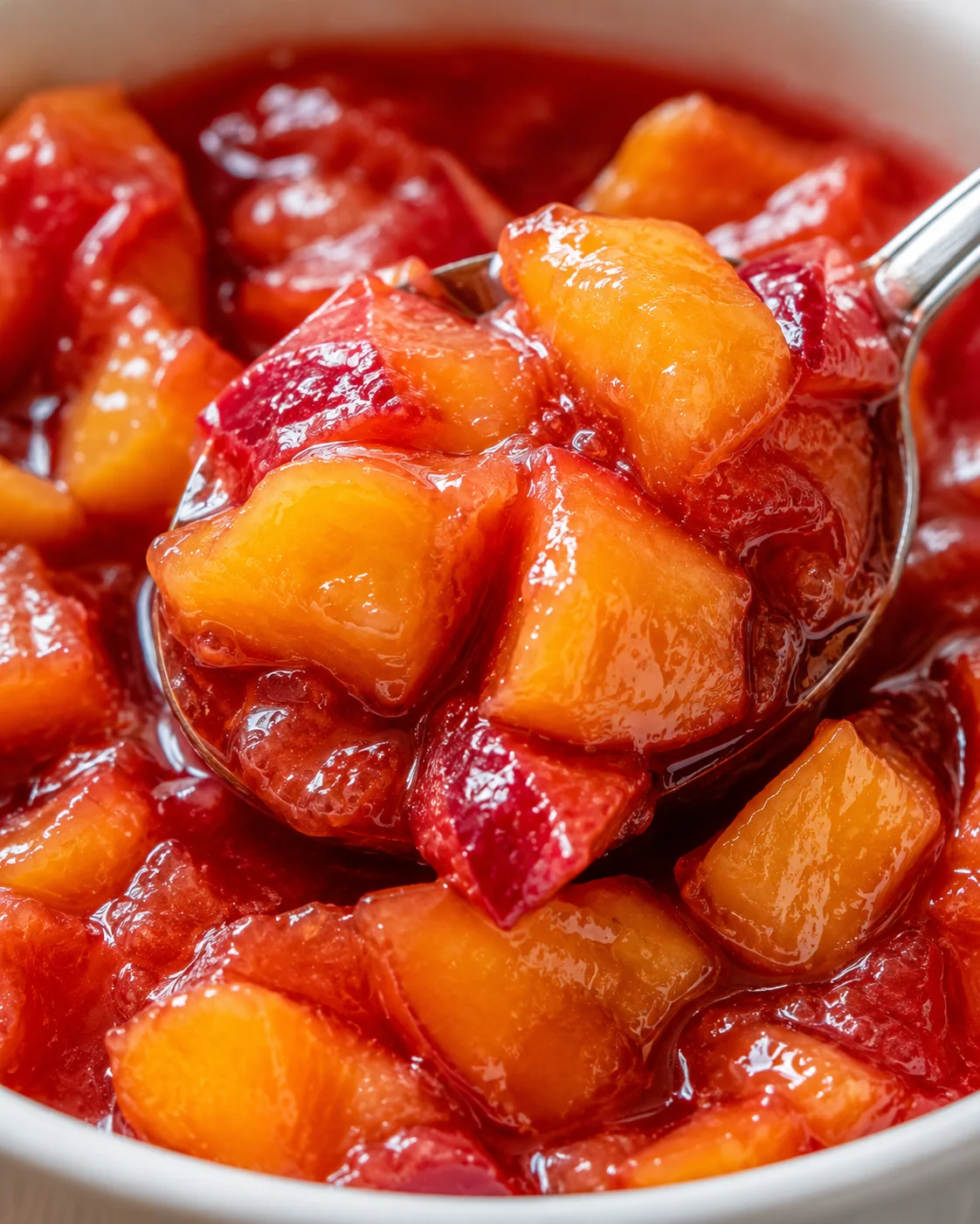 Delicious Nectarine Compote Close-up of vibrant, juicy nectarines simmering in a fruity compote.