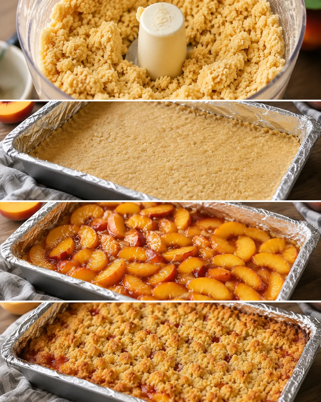 Classic Nectarine Bars Layered nectarine bars with a buttery crust and fresh fruit filling baking in a pan.