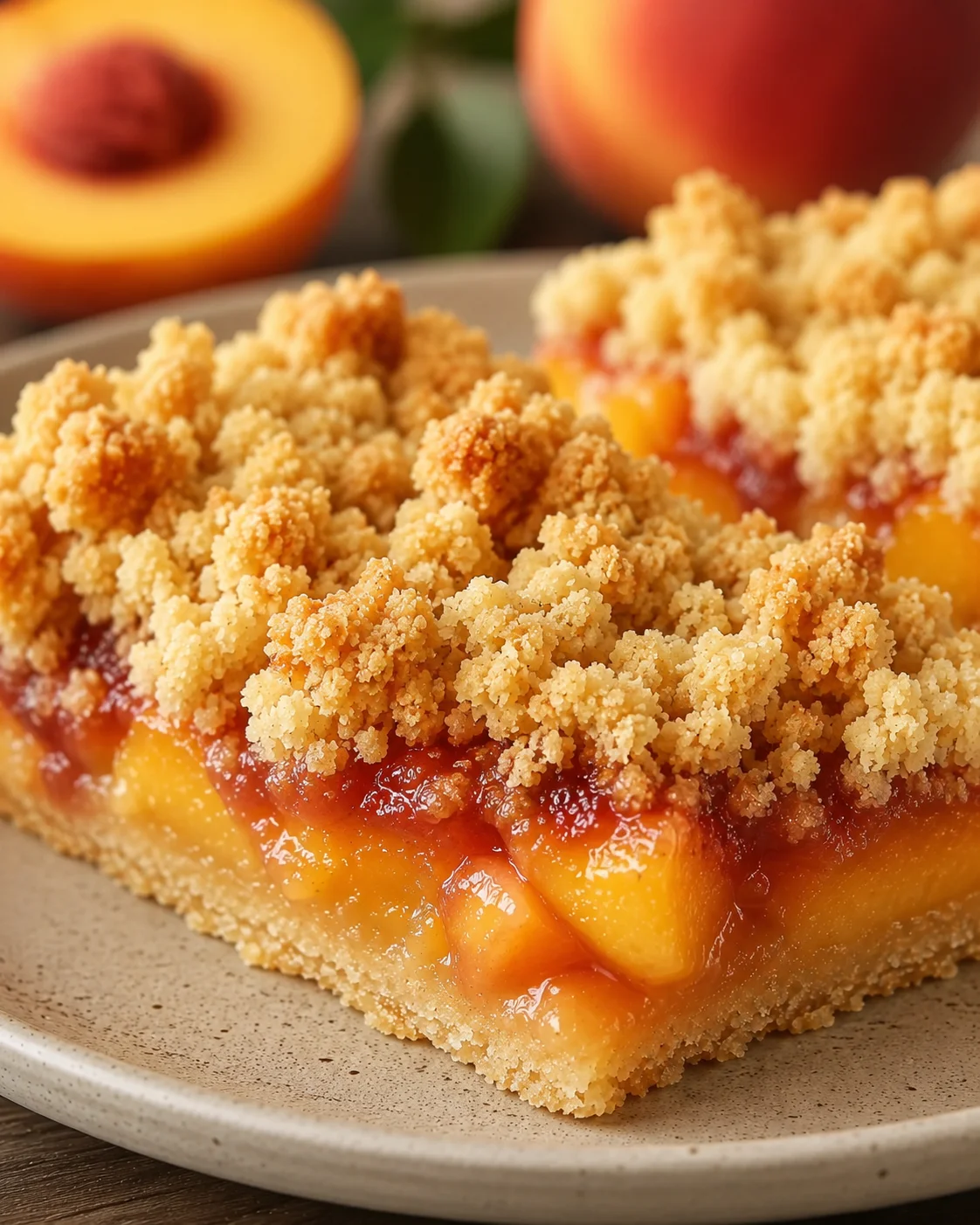 Classic Nectarine Bars Delicious Summer Treat Close-up of a slice of nectarine bars with crumb topping and fruity filling on a plate