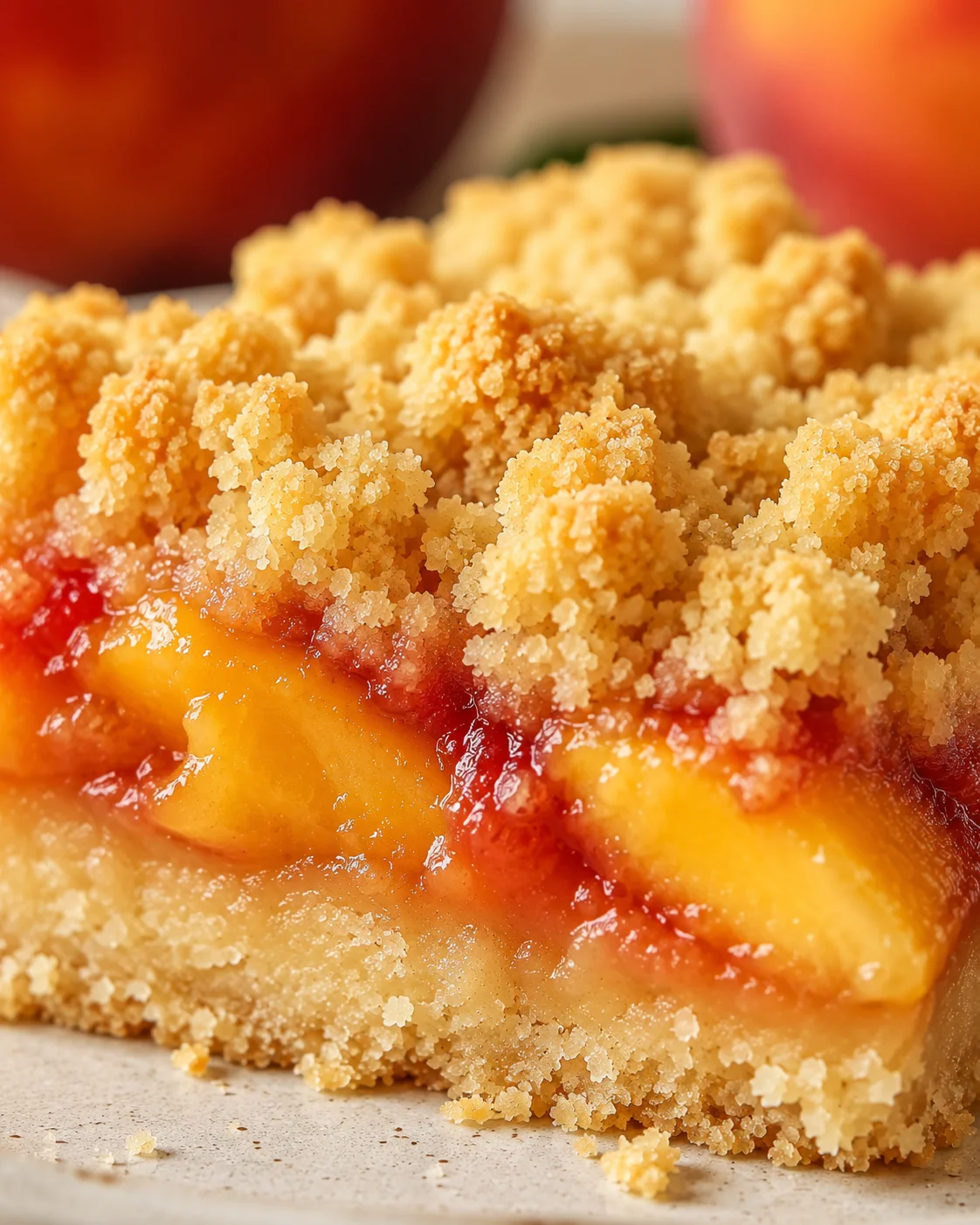 Classic Nectarine Bars Close-up of fresh nectarine bars with crumbly topping and juicy fruit filling