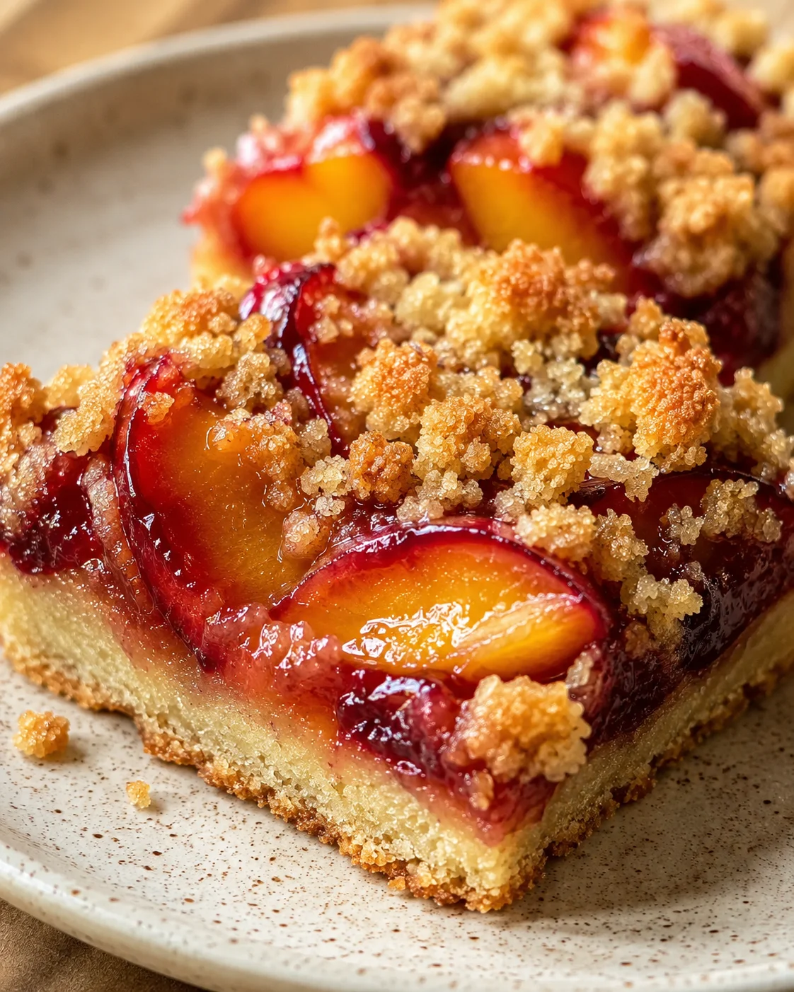 Brown Butter Nectarine Crumble Bars Close-up of homemade nectarine crumble bars with golden crust and fruit filling