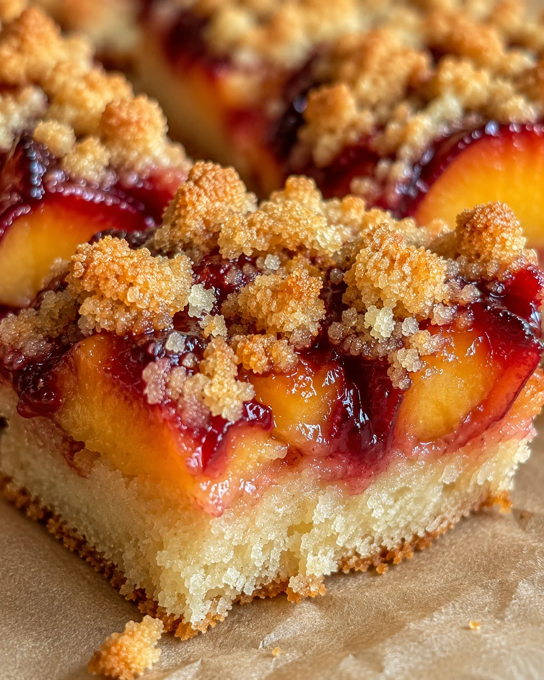 Brown Butter Nectarine Crumble Bars Close-up of golden nectarine crumble bars with nuts and caramelized edges.