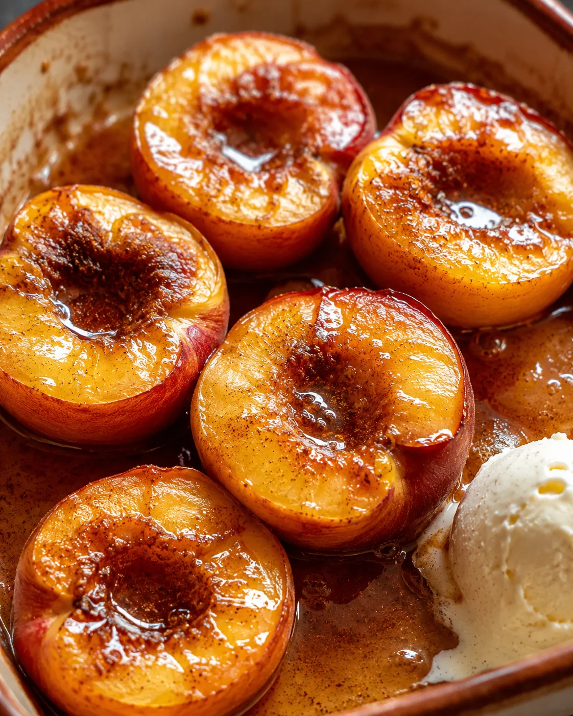 Baked Nectarines with Cinnamon Honey Sauce Juicy baked nectarines drizzled with cinnamon honey sauce, served with ice cream