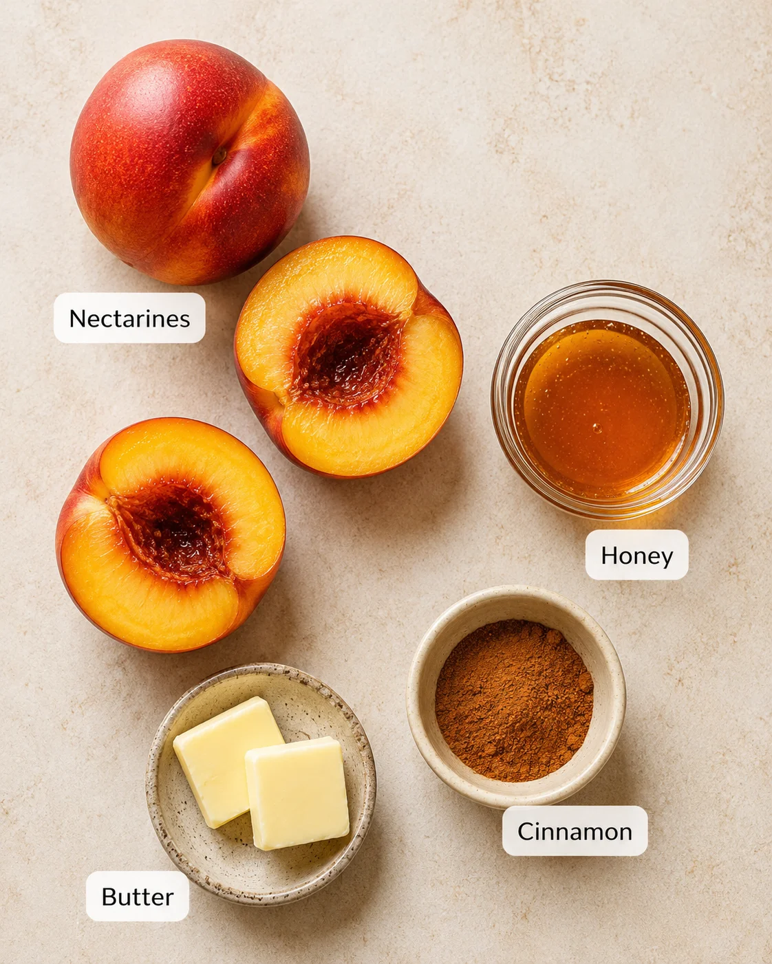 Baked Nectarines with Cinnamon Honey Sauce Juicy nectarines topped with warm cinnamon honey sauce, ready to serve with ice cream.
