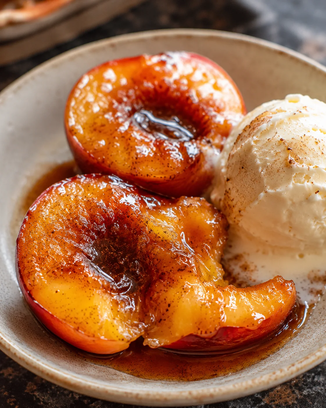 Baked Nectarines with Cinnamon Honey Sauce Juicy baked nectarines topped with cinnamon honey sauce and a scoop of vanilla ice cream.
