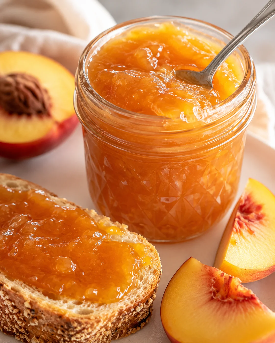 Close-up of vibrant orange nectarine jam in a jar with fresh fruit and bread