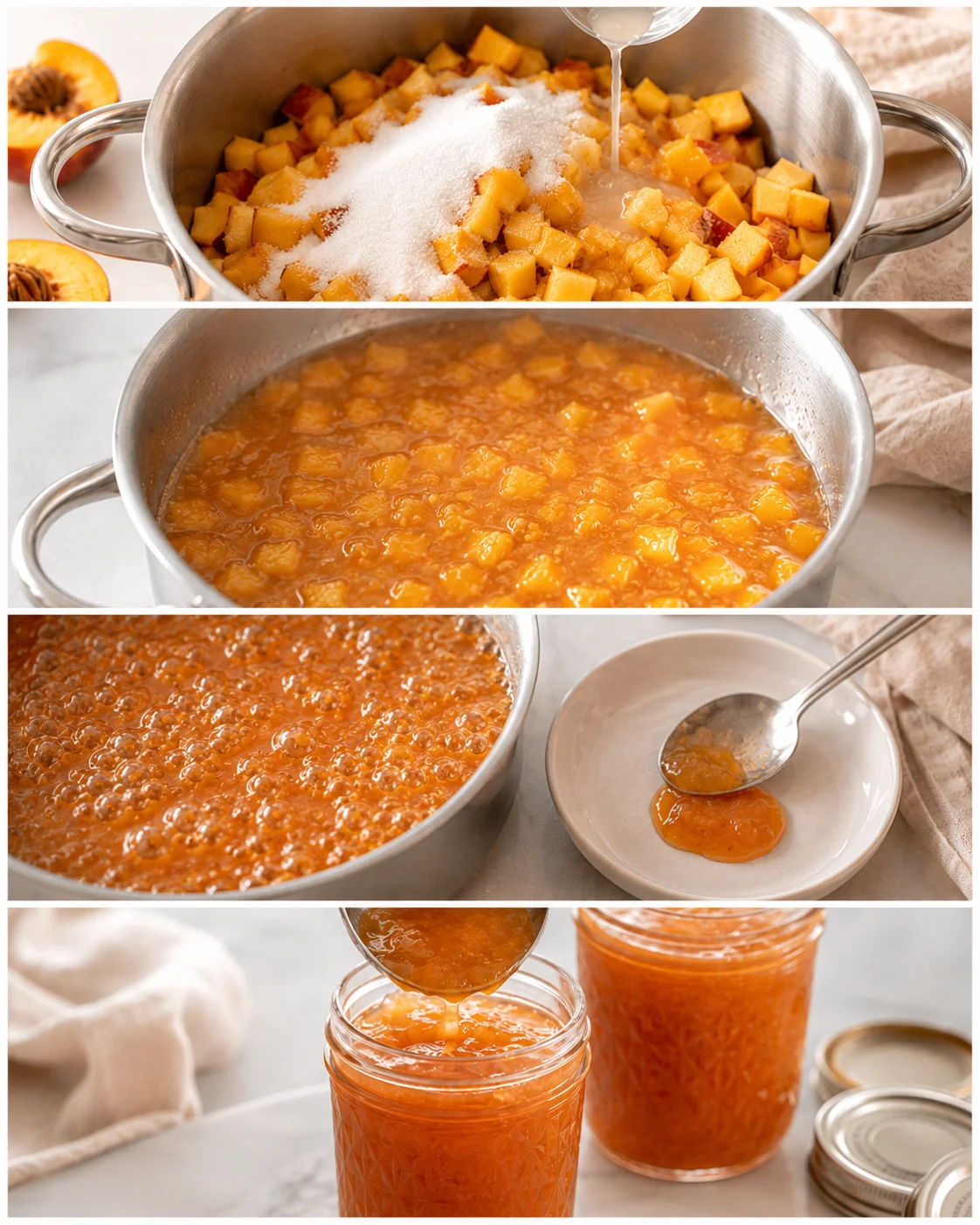 Steps of making fresh nectarine jam with chopped fruit, cooking, and jar filling process.