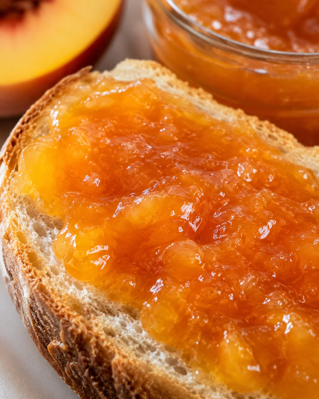 Fresh nectarine jam spread on bread with a jar of jam nearby.