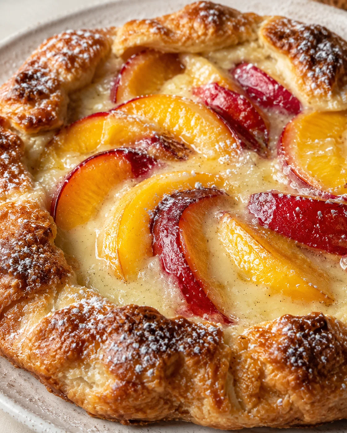 Close-up of a homemade nectarine galette with creamy vanilla bean custard topping.